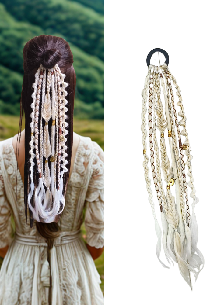 Off White Dreads & Braids Hair Band with Gold Thread Design – 20 Inches, 8 Stripes