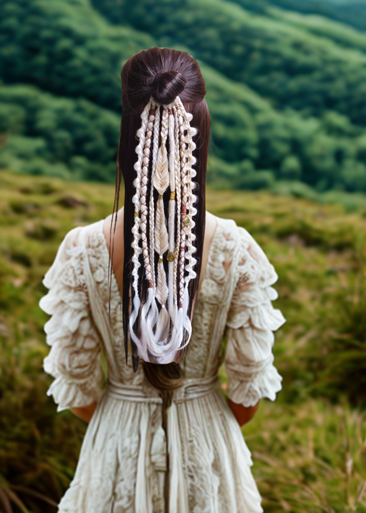 Off White Dreads &amp; Braids Hair Band with Gold Thread Design – 20 Inches, 8 Stripes